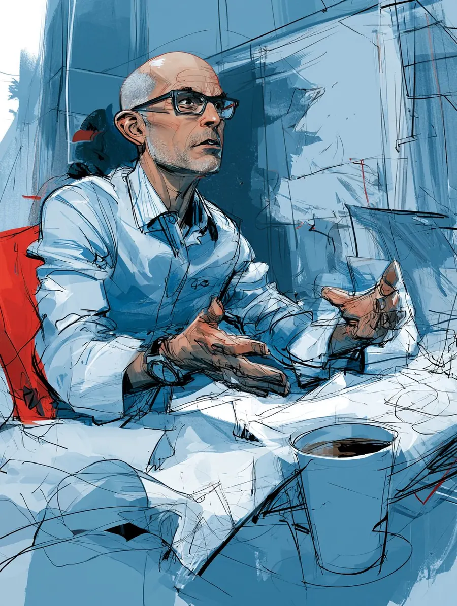 Illustrated portrait of Paul Boag mid-explanation at a table, a coffee beside him